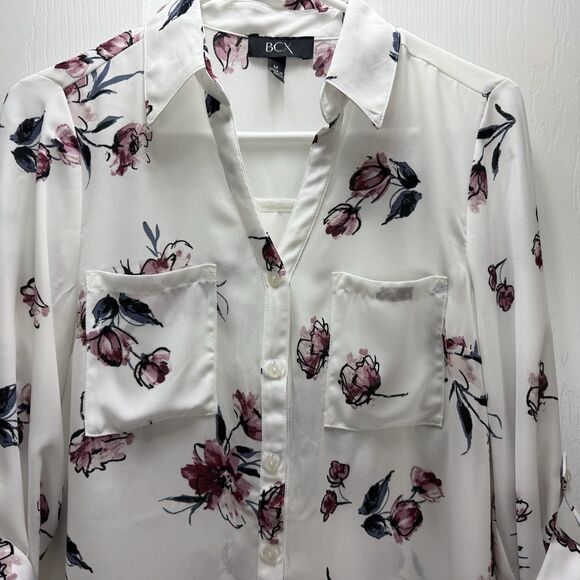 New BCX Floral Button-Down Blouse With Roll-Up Sleeves Medium White Pink Sheer - Picture 8 of 11